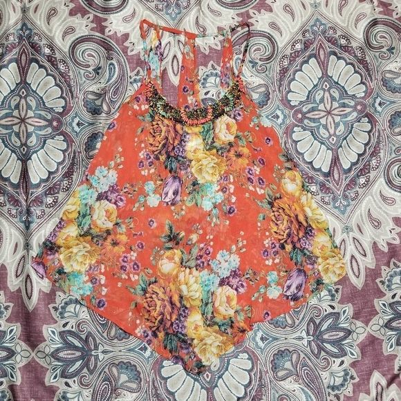 NWOT Daytrip Orange Floral Coloful Beaded Flowy Loose Fit Boho Chic Tank Top - Picture 1 of 3